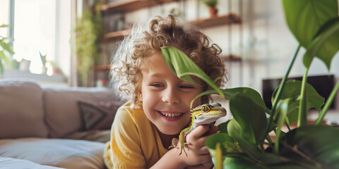 Cute young child holding his pet gecko in sunny living room. Kid and his best reptile friend at home.