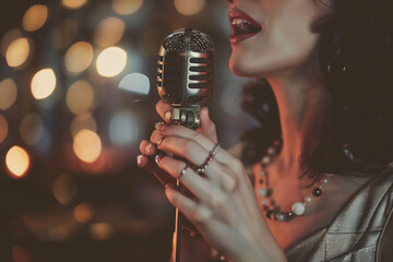 A vintage-inspired photo of a woman singing with a microphone in hand against a retro-themed backdrop.