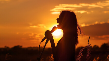 A silhouette of a woman singing against a sunset backdrop, her voice echoing through the empty space