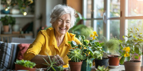 Beautiful senior lady replanting flowers in new pots at home. Smiling elderly woman gardener caring for flowers and plants. Hobby in retirement. - obrazy, fototapety, plakaty