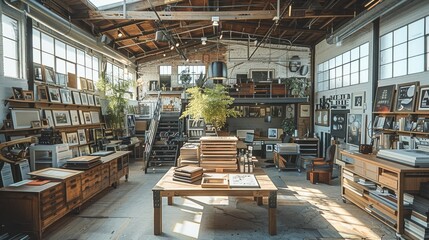 A two-floor loft-style print shop. The upper floor is a creative workspace, filled with wooden worktables for collaboration, surrounded by design tech. Generative AI. - obrazy, fototapety, plakaty
