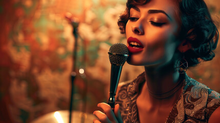 A vintage-inspired photo of a woman singing with a microphone in hand against a retro-themed backdrop.