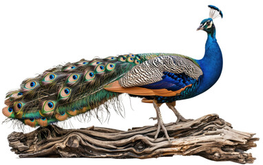 Obraz premium Perched Peacock: Wooden Branch Majesty isolated on transparent Background