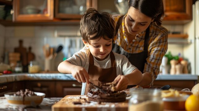 Little boy helping his mother with the cooking in the kitchen.