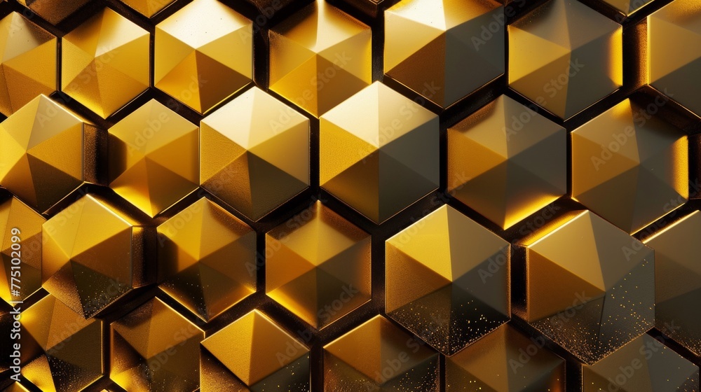 Poster geometric pattern inspired by honeycomb, precise hexagons, golden color scheme