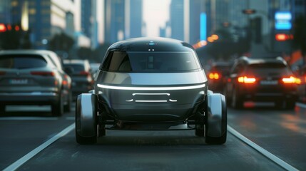 A self-driving electric car changes lanes and overtakes a city vehicle in 3D... - obrazy, fototapety, plakaty