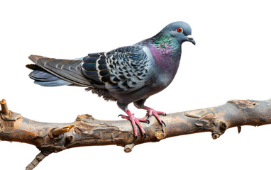 Timber Roost: Pigeon Settled on Wooden Twig isolated on transparent Background