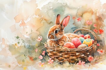 Watercolor spring rabbit. Easter watercolor basket with eggs and bunny. Easter 2024. Easter eggs in basket watercolour illustration