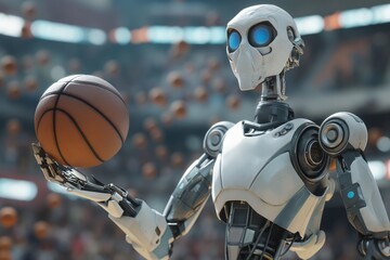 A humanoid robot with glowing blue eyes holds a basketball, conceptually merging technology and sports