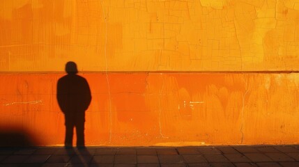 The shadow of a solitary person is projected onto a vibrant orange wall with an intricate pattern of cracks and textures.