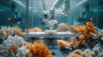 A 3D printer with a robot arm printing structure prints an artificial coral reef on a flat seabed. Generative AI.
