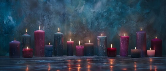 An array of glowing, vividly-colored candles stand in a mysterious, misty atmosphere, creating a captivating and evocative ritual-like scene. - obrazy, fototapety, plakaty