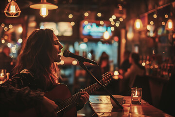 A candid shot of a woman singing joyfully in a cozy café, surrounded by dimly lit ambiance - obrazy, fototapety, plakaty