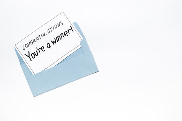 Lottery winner ticket or congratulatory letter on letter envelope. Winner concept.