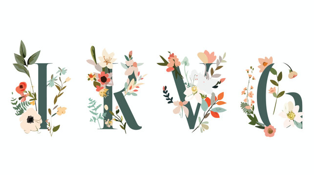 Floral Alphabet. Set letter with botanical bouquet
