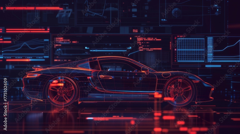 Poster A car service in the style of a HUD UI GUI. A hologram of the car. A projection of the car. Vehicle auto service, with a modern design and a diagnostic auto.