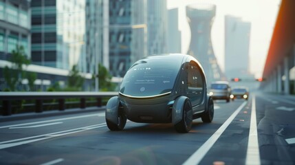 A self-driving electric car changes lanes and overtakes a city vehicle... - obrazy, fototapety, plakaty