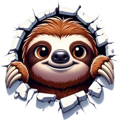 Fototapeta premium Smiling Sloth Peeking Through Wall Watercolor Clipart Isolated 