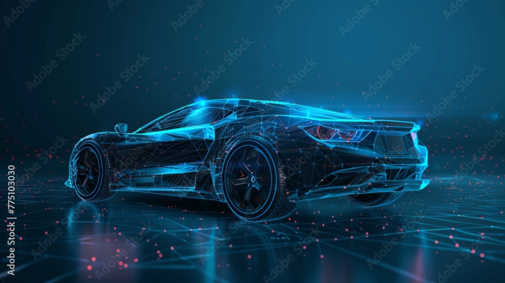 Fototapete futuristic car in style low poly, wireframe in line. car service in the style of hud, cars infograph
