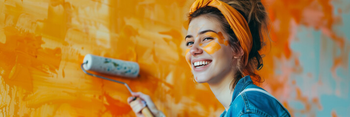 Beautiful young woman painting interior wall with paint roller in new house. Colorful wall paint banner with copy space. Home decoration concept.