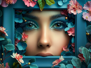 Nuove idee creative per la campagna pubblicitaria di un marchio di saloni di bellezza, viso di donna bellissima  con occhi truccati di azzurro incorniciato con fiori