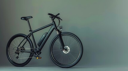 Modern black bicycle with electric motor on gray background
