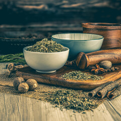 DAMIANA LEAF DRIED on wooden table background. Herbs, spices and dried food baking ingredient. Mortar and different spices. Cottage kitchen. Product Photography