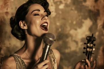 A vintage-inspired photo of a woman singing with a microphone in hand against a retro-themed backdrop