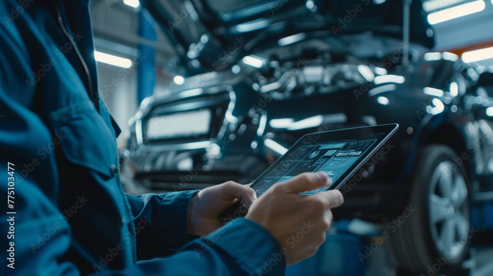Poster the car service manager or mechanic uses a tablet computer equipped with a futuristic interactive di