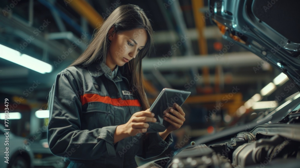 Poster technician uses augmented reality software to diagnose a car, using a tablet computer. she inspects 