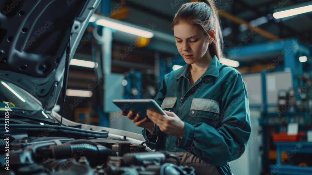 Poster inspecting the car for broken components with an augmented reality diagnostics software. a female me