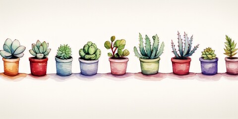Watercolor painting of various potted succulents and cacti, with a focus on the plants and their containers, interior style, botanical art movement.
