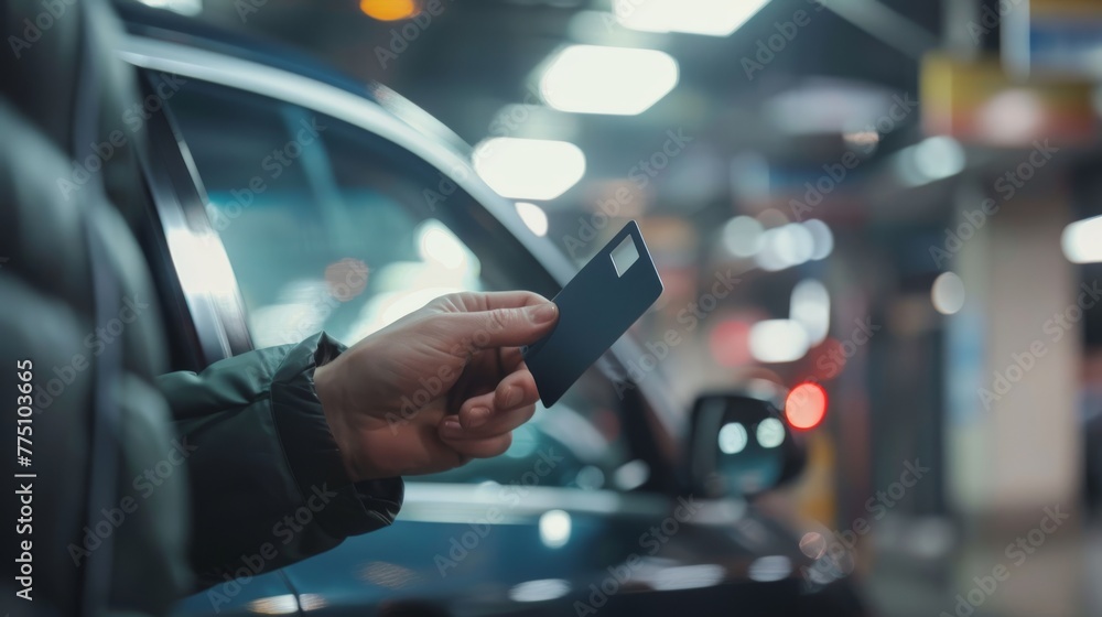 Aufkleber driving man stops his car and uses his key card to open the door. he holds the key card to scan the 