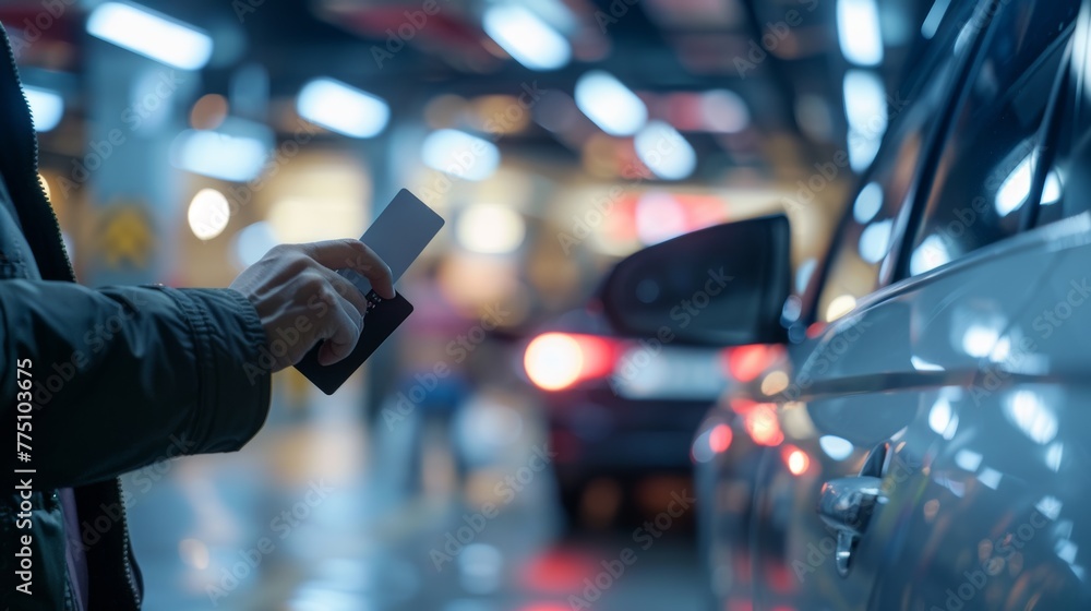 Aufkleber driver stops at car park and opens door with key card using blurry cctv camera, and holds card up to