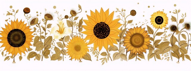 A digital art nouveau style painting of sunflowers and other plants with a white background in warm colors.
