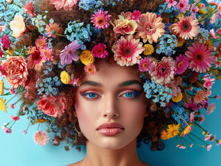 Nuove idee creative per la campagna pubblicitaria di un marchio di saloni di bellezza, viso di donna bellissima con capelli pieni di fiori - obrazy, fototapety, plakaty
