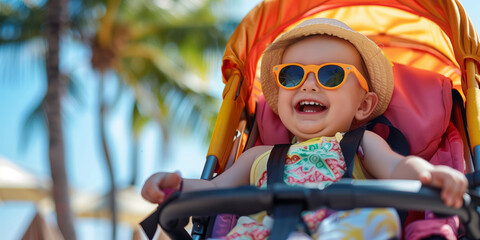 Adorable baby wearing colorful clothes and sunglasses sitting a stroller in tropical resort on sunny day. Going on vacations with small children.
