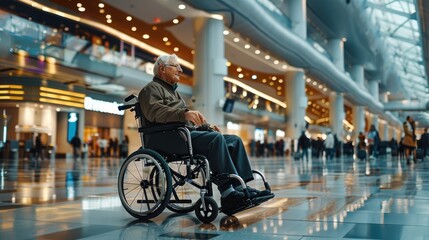 A senior man on electric wheelchair in airport terminal. Generative AI.