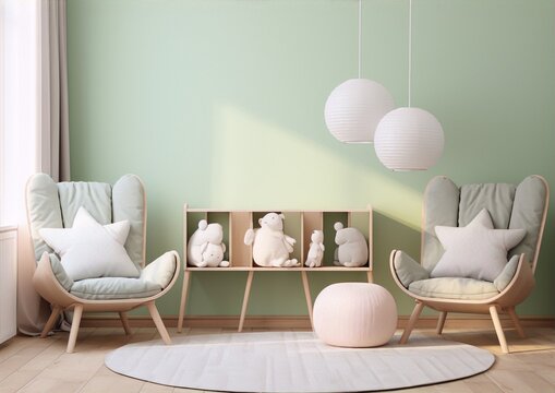 3D rendering of a minimalist and scandinavian style child's room interior with two armchairs, a rug, a shelf with toys and a pouf in pastel colors