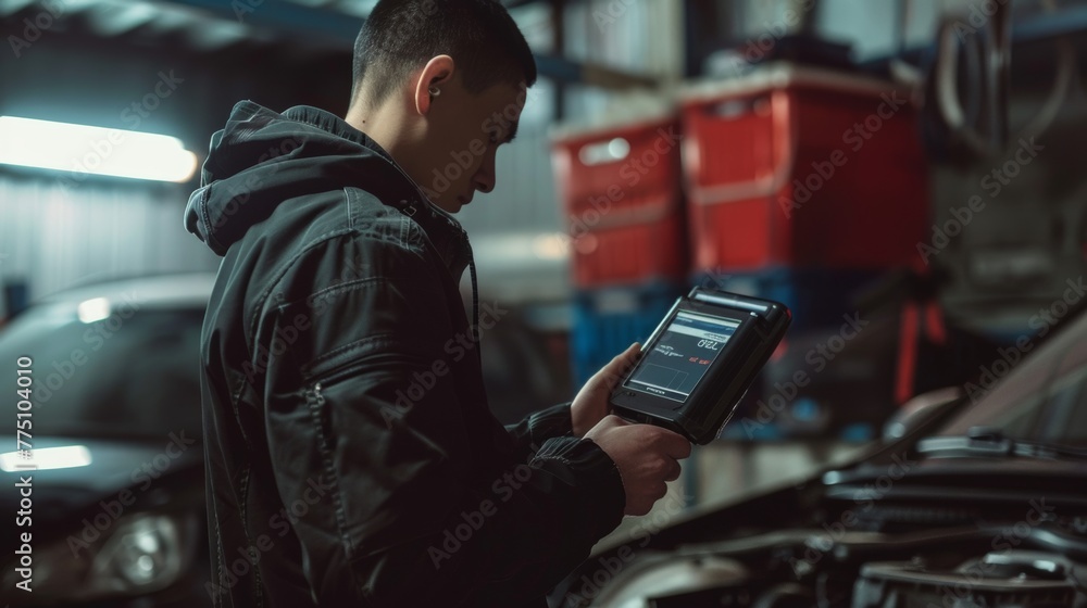 Poster technical inspection of a car. a latino holds a device for digitizing...