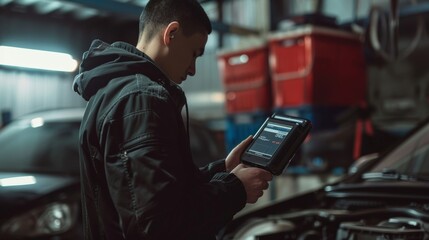 Technical inspection of a car. A Latino holds a device for digitizing...