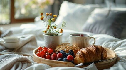 Breakfast in Bed, breakfast trays and morning essentials delivered to enjoy a cozy breakfast in bed. Generative AI. - obrazy, fototapety, plakaty