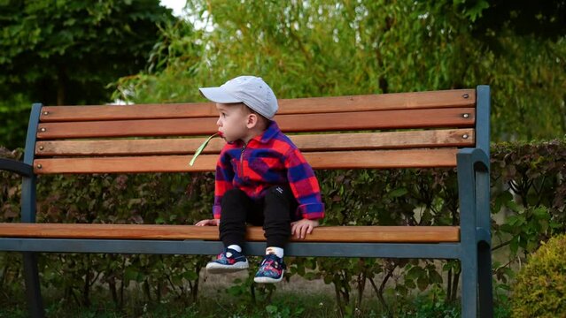 Beautiful kid in cap and checkered shirt gets off the bench. Toddler drinks from doy pack in the park.