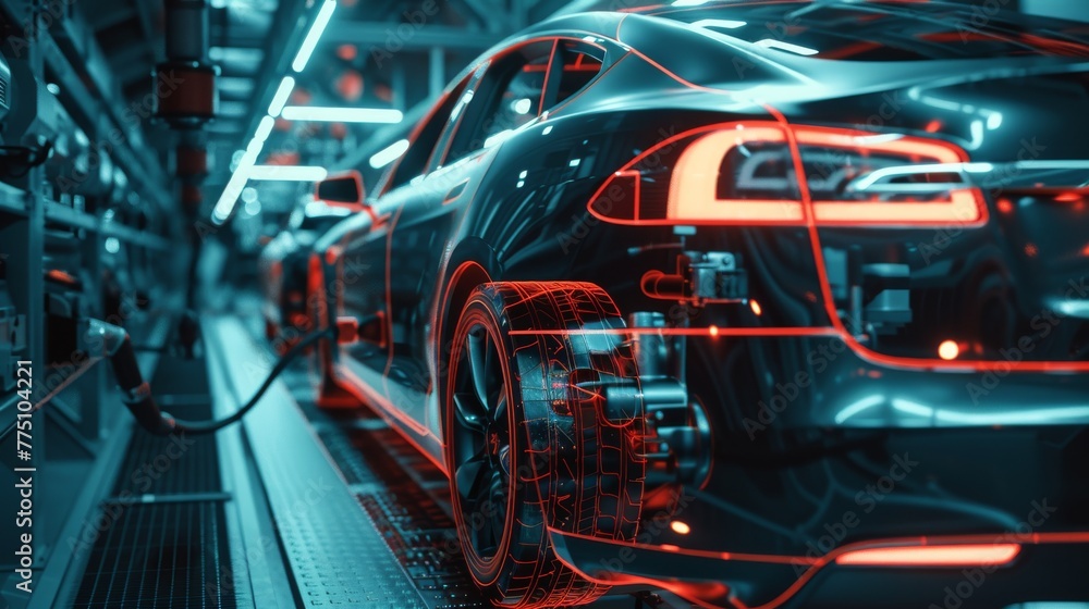 Poster Digitalization of a car factory in side view: Automated robot arm assembly line manufacturing high-tech sustainable electric vehicles. AI computer vision automated analysis to improve production