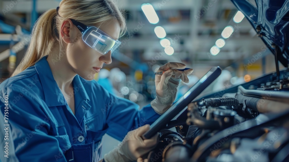 Poster female mechanic inspects a car's v6 engine with an augmented reality diagnostics software on a table