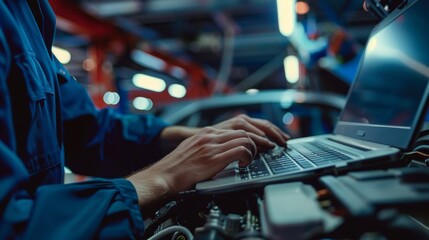 An automobile mechanic uses a laptop when conducting diagnostic tests. A specialist inspects the data logs of the vehicle to detect any malfunctions or errors. - obrazy, fototapety, plakaty