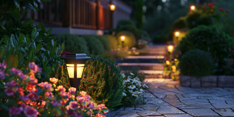 Decorative small solar lights by the stone steps in a garden. Garden illumination at night, solar powered lamps.