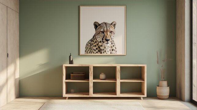 A wooden shelf with a cheetah picture on the wall behind it, the room has green walls and a large window, the interior design is modern and minimalist with a touch of nature.