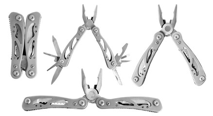 Set. Multitool. Folding multifunctional tool. Knife, pliers, taps, scabbard. Tourist tool. On an...