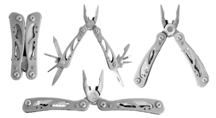 Set. Multitool. Folding multifunctional tool. Knife, pliers, taps, scabbard. Tourist tool. On an empty background.